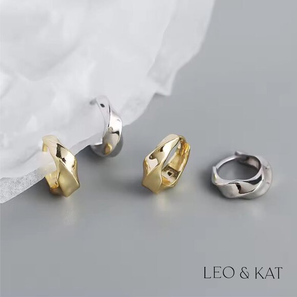 Twisted Huggie Earrings in Gold & Silver. 925 Sterling Silver. #1047 - Picture 4 of 4